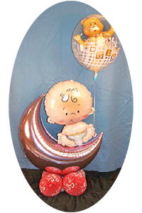 This cherub sitting on a new moon is created from Mylar® balloons to be a long lasting communication of joy and caring to the lucky parents