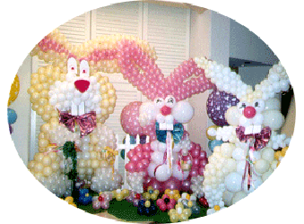 This trio of 8 foot tall Easter rabbits is the focal decoration for a hotel Easter brunch