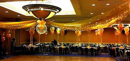 This ballroom decoration consists of a clear thirty inch center balloon suspended from the center ceiling with tulle streamers and twinkle lights radiating out like the spokes of a wheel.