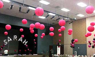 Hot pink ceiling bubbles for a Mitzvah event