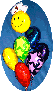 This joyful all Mylar® bouquet consists of a smiley face balloon wearing a nurse's hat plus colorful bouquet balloons.   Hospitals accept delivery of this bouquet becausw it does not contain latex